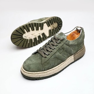 Hakiki Deri Süet  El Yapımı Haki Renk Erkek Sneakers