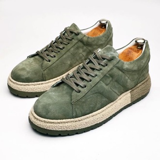 Hakiki Deri Süet  El Yapımı Haki Renk Erkek Sneakers