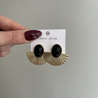 Retro Yelpaze Küpe Siyah Taş Detaylı | Gold