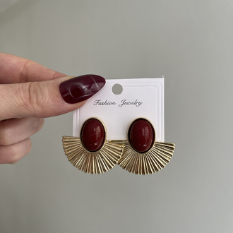Retro Yelpaze Küpe Bordo Taş Detaylı | Gold