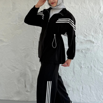 SİYAH MODAL KUMAŞ ŞERİTLİ SPOR TAKIM