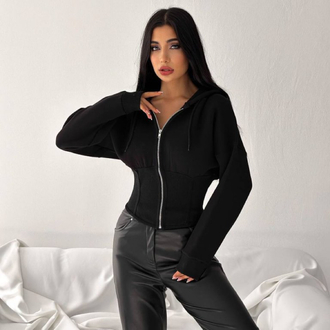 SİYAH BELDE KORSE DETAYLI ÜÇ İPLİK CEKET