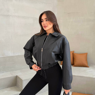 BOMBER BELİ LASTİKLİ DERİ CEKET