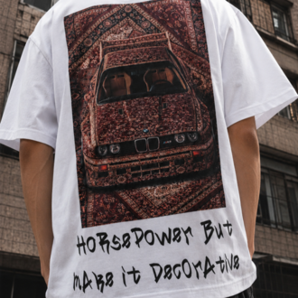 KORYN Beyaz BMW Grafik Baskılı Oversize Erkek T-Shirt