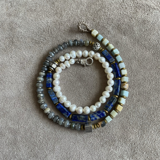 İnci,labradorit,lapislazuli, Amazonit kolye 