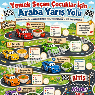 Yemek Seçen Çocuklar İçin Araba Yarışı Etkinlik Seti