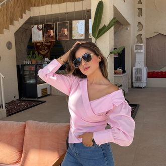 Pembe poplin kumaş drapeli ipli bağlamalı gömlek 