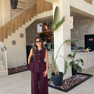 Double kumaş Mürdüm kemerli düğme detaylı yelek/palazzo takım