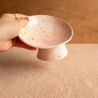 Renkli Noktalı Yükseltilmiş Seramik Kedi Mama Kabı Seti