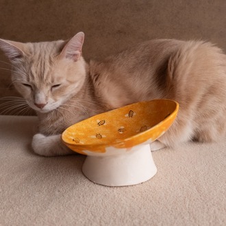 Arı Desenli Eğimli Whisker-Friendly Yükseltilmiş Seramik Kedi Mama Kabı — 14 cm