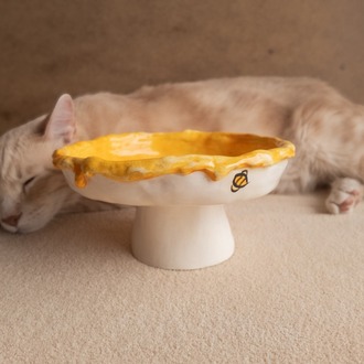 Arı Desenli Yükseltilmiş Seramik Kedi Mama Kabı — 16 cm | Kuimo