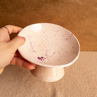 Renkli Noktalı Yükseltilmiş Seramik Kedi Mama Kabı Seti