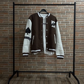 Kahverengi-Beyaz Kolej Ceketi – Unisex “Make Your Own Luck” Tasarım