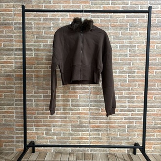 Kahverengi Kürk Detaylı Crop Hoodie – Fermuarlı Kapüşonlu