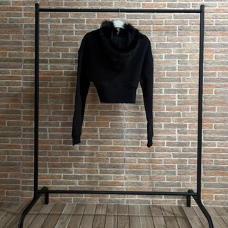 Siyah Kürk Detaylı Crop Hoodie – Fermuarlı Kapüşonlu