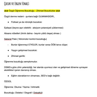 Çocuk ve ergen final notları