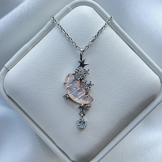 Gümüş Pembe Zirkon Taşlı Ay Model Çelik Kolye (45cm)