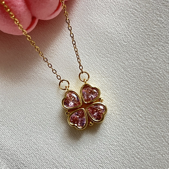 Gold Pembe Zirkon Taşlı Açılabilir Yonca Çelik Kolye (45 cm)