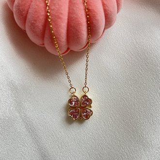 Gold Pembe Zirkon Taşlı Açılabilir Yonca Çelik Kolye (45 cm)