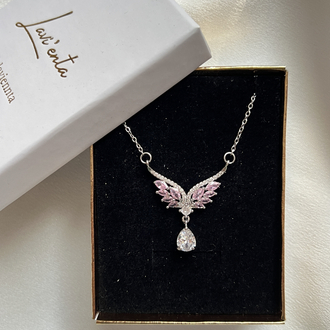 Gümüş Pembe Zirkon Taşlı Melek Kanadı Çelik Kolye (45 cm)