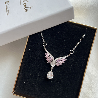 Gümüş Pembe Zirkon Taşlı Melek Kanadı Çelik Kolye (45 cm)