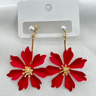 Gold Kırmızı Çiçek Model Küpe
