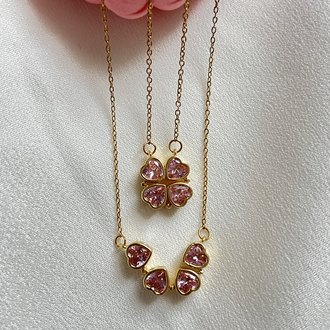 Gold Pembe Zirkon Taşlı Açılabilir Yonca Çelik Kolye (45 cm)