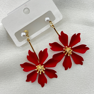 Gold Kırmızı Çiçek Model Küpe