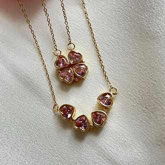 Gold Pembe Zirkon Taşlı Açılabilir Yonca Çelik Kolye (45 cm)