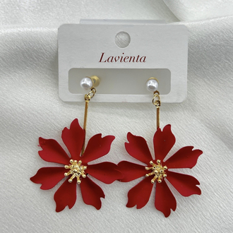Gold Kırmızı Çiçek Model Küpe