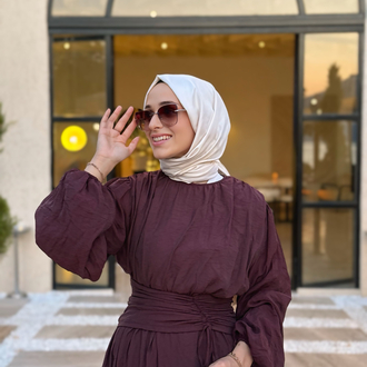 Mürdüm Bel Büzgü Detaylı Elbise 