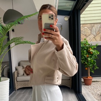 Krem Premium Kaşe Fermuarlı Ceket