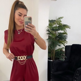 Bordo Premium Saten Kemerli Bol Paça Tulum