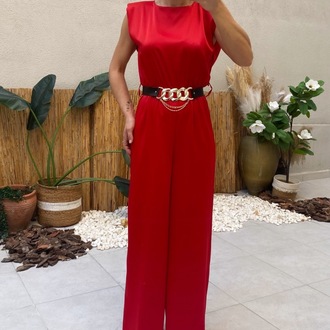 Kırmızı Premium Saten Kemerli Bol Paça Tulum