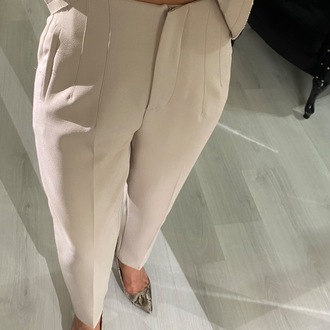 Krem ZR model Yüksel Bel Pensli Pantolon