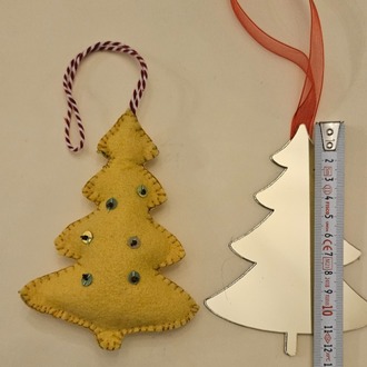 3 adet Yılbaşı Noel Yeni Yıl Süsü, Renkli Keçe, İşlemeli Çam Ağacı ve Altın Pleksi 