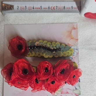 Kristal taşlı, Pullu,Gelincik Tasarım, Kırmızı Renkli, Saç Tokası Takımı3, Hediye