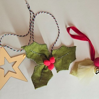 Renkli Ķeçeler ve Pleksiden 3 adet Yılbaşı Süsü, Kokina, Yaprak Çan, Yıldız Set, Handmade1