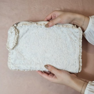 Beyaz Vintage Dantel Kumaş Yazlık Clutch, Portföy Çanta
