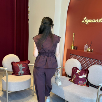 Bordo poplin keten beli lastikli fermuarlı astarlı gold düğmeli yelek cepli pantolon takım
