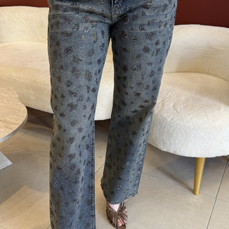 Taşlı leopar desenli koyu kot pantolon 