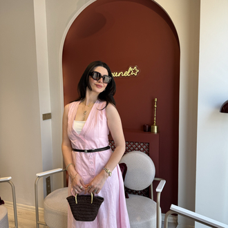 Pembe kahverengi kemerli organik keten boydan gömlek elbise