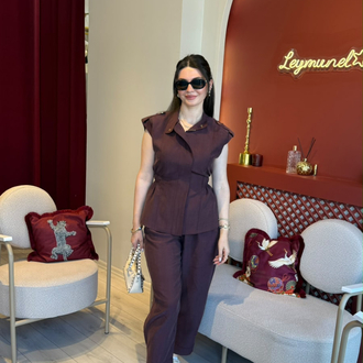 Bordo poplin keten beli lastikli fermuarlı astarlı gold düğmeli yelek cepli pantolon takım