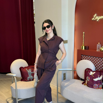 Bordo poplin keten beli lastikli fermuarlı astarlı gold düğmeli yelek cepli pantolon takım