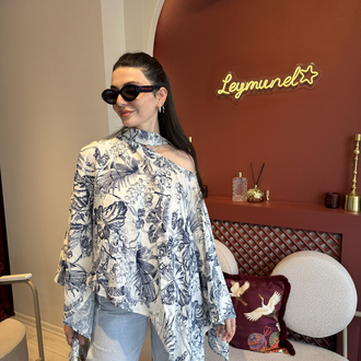 Siyah çiçekli keten tül taşlı bol kuşaklı pareo tunik bluz