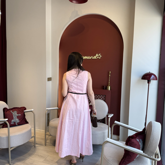 Pembe kahverengi kemerli organik keten boydan gömlek elbise