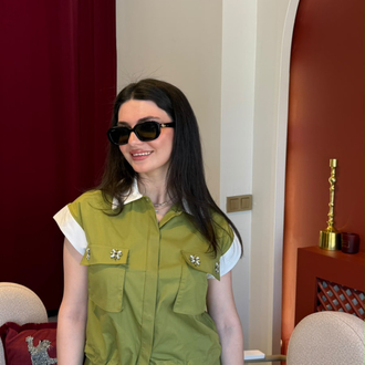 Yeşil beli lastikli bağcıklı keten etek taşlı belden büzgülü gömlek 
