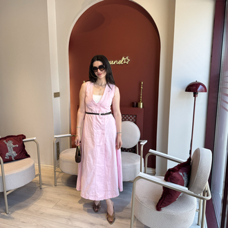 Pembe kahverengi kemerli organik keten boydan gömlek elbise