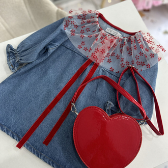 Denim tül yakalı elbise