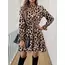 Kadın Uzun Kollu Yarı Balıkçı Yaka Leopar Desenli Modal Mini Elbise